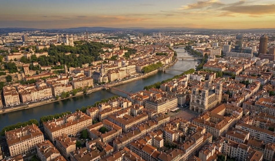 Aerial view of Lyon, France, showing the cityscape and rivers under a soft, natural sky.