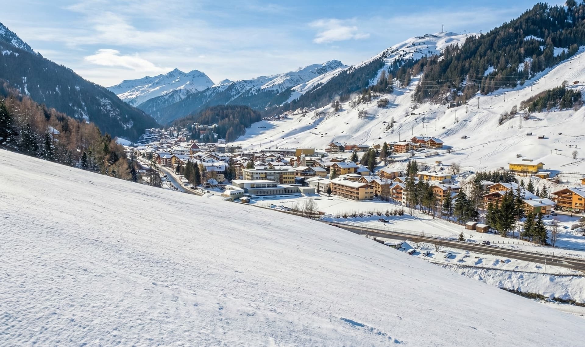 Winter landscape of St. Anton am Arlberg village and mountains